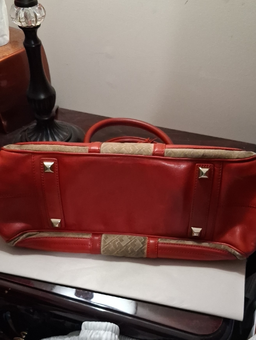 L.A.M.B. Matching Red and Beige Logo-Accent Leather Bag & Wallet - Picture 11 of 16